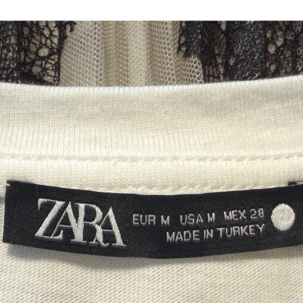 ZARA White Lace Trim Tulle Sheer Back T Shirt Top Women's M Bohemian Chic 100-60 - Picture 3 of 13